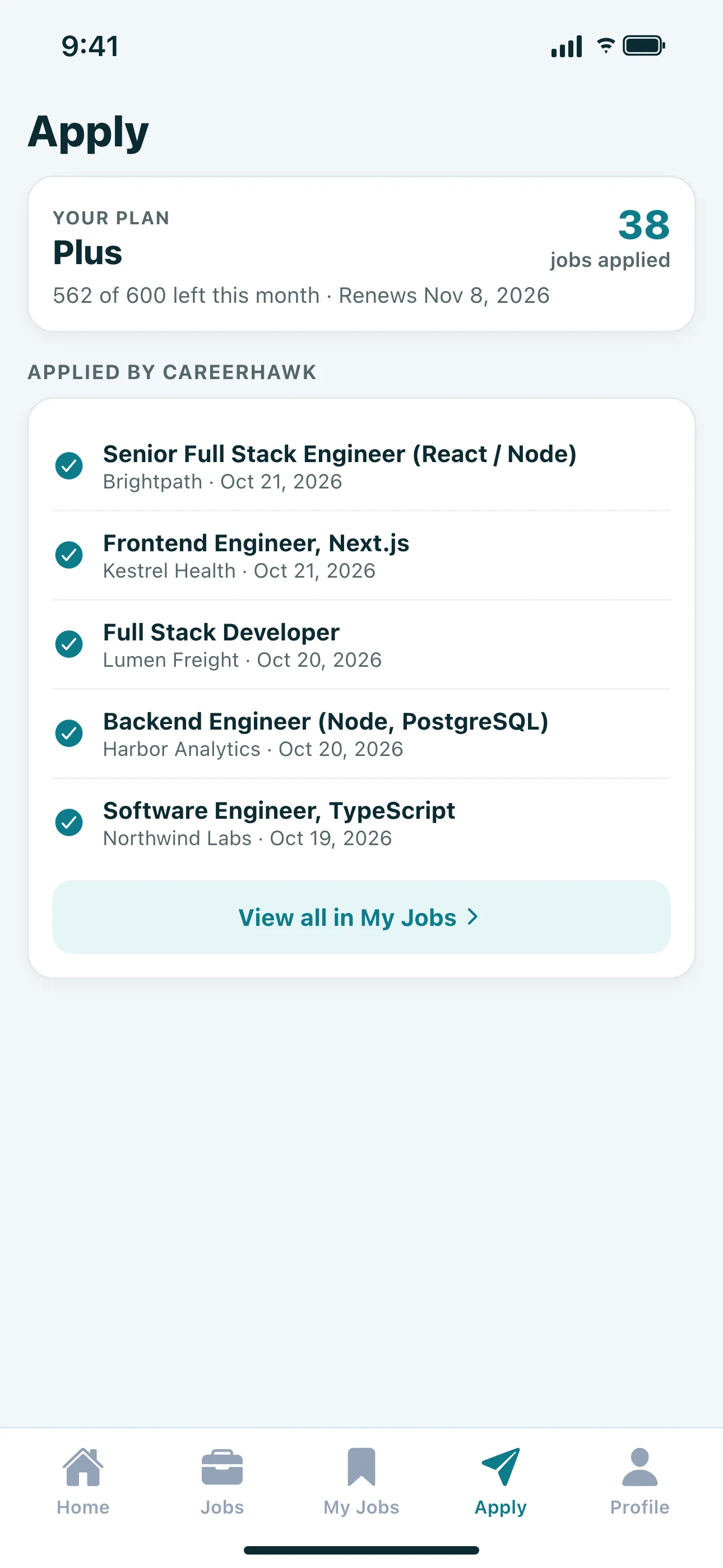 CareerHawk Apply tab showing the current plan and jobs applied for you