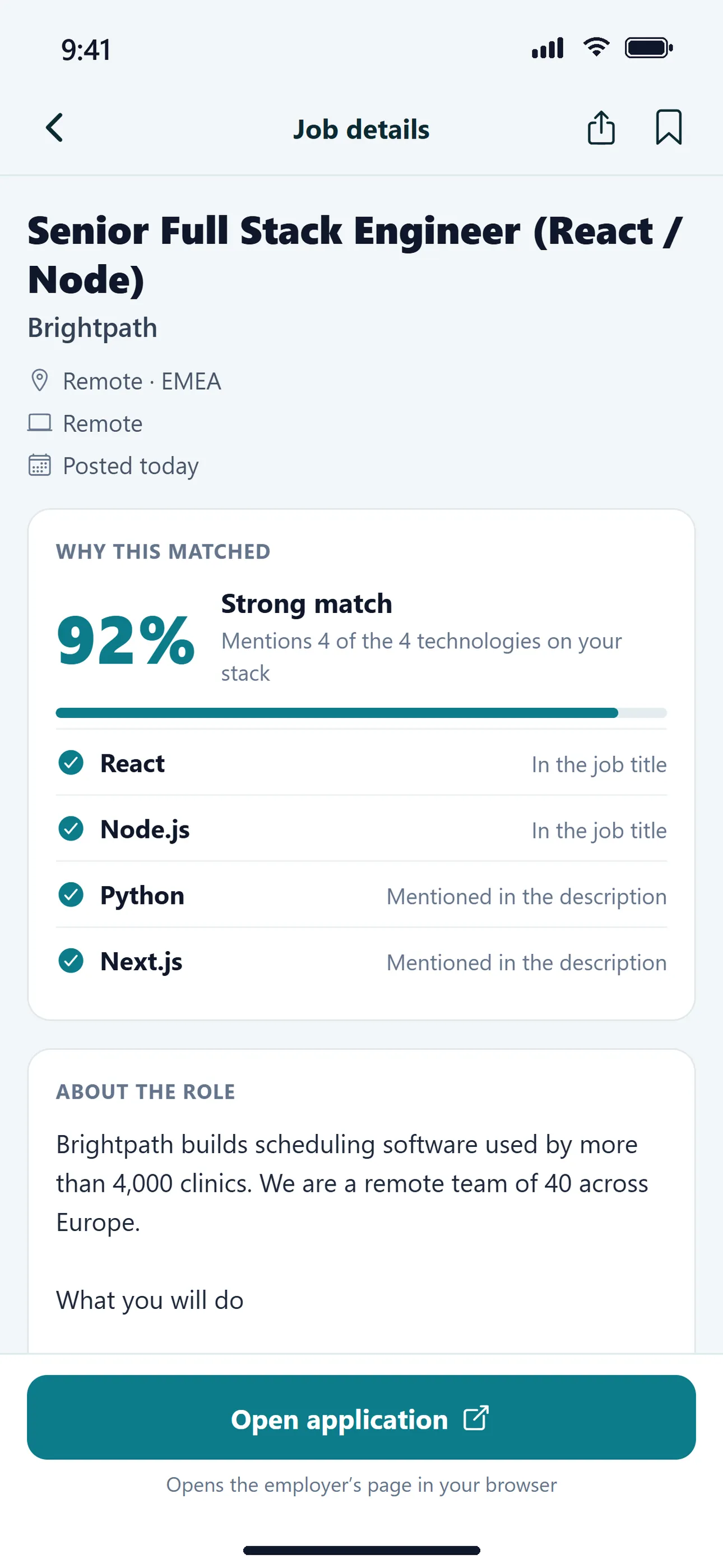 CareerHawk job detail for a React and Node role with a 92% match