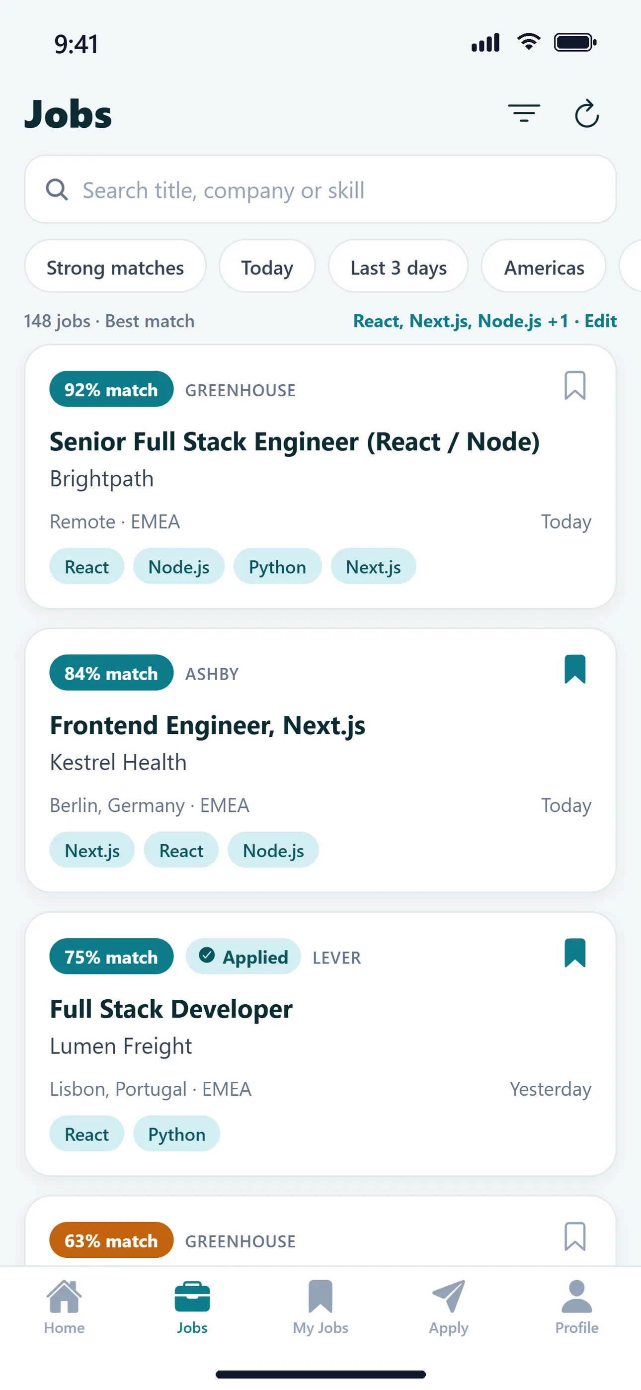 CareerHawk Jobs tab with Node.js roles and match scores
