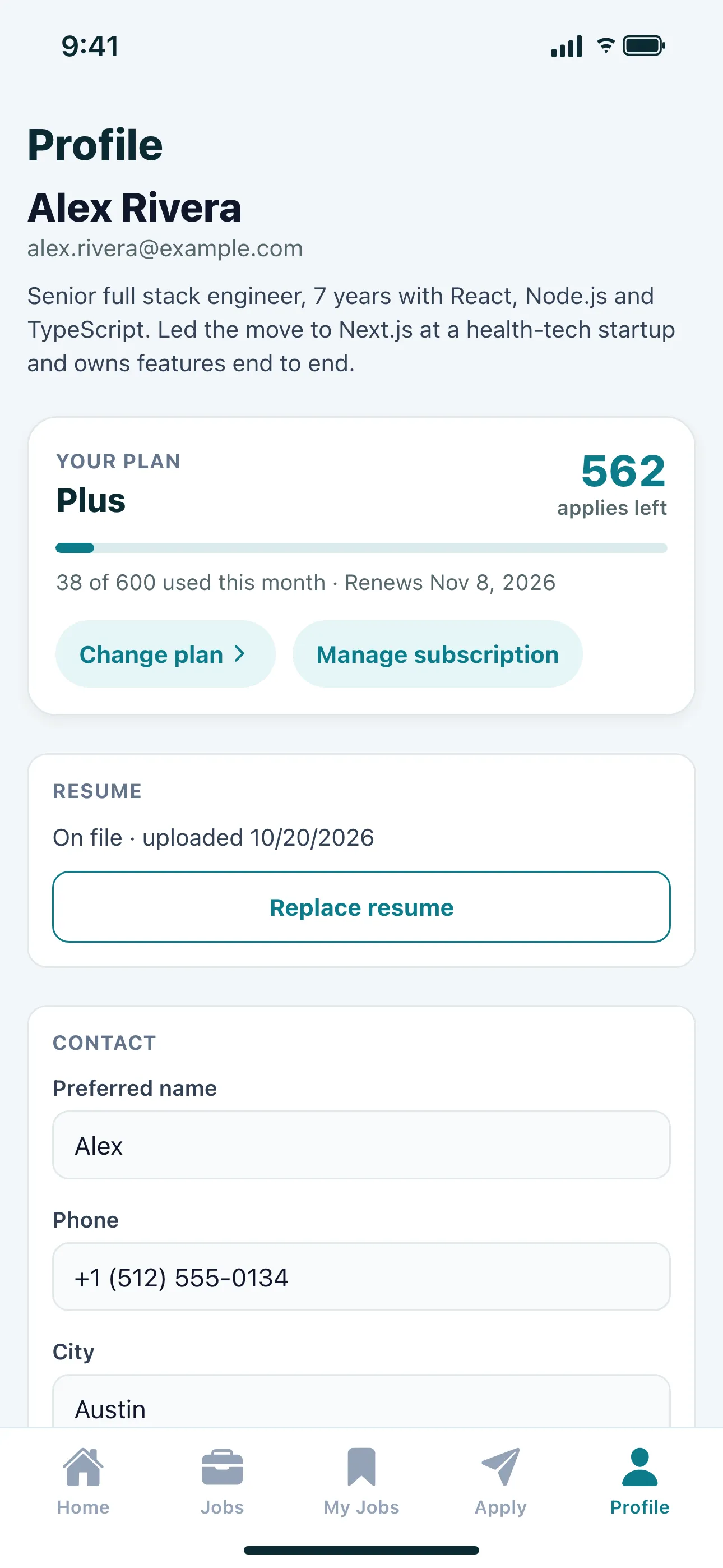 CareerHawk profile with résumé on file and contact details